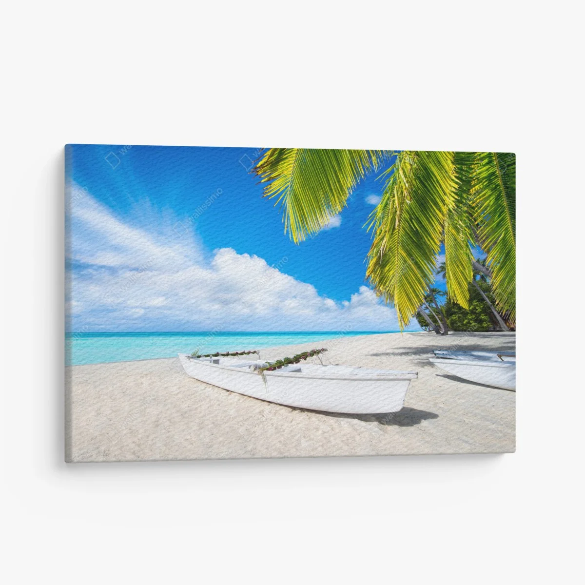 Leinwandbild tropischer strand in türkis mit palmen und booten – Wallnifity® Leinwandbild tropischer strand in türkis mit palmen und booten – Wallnifity®