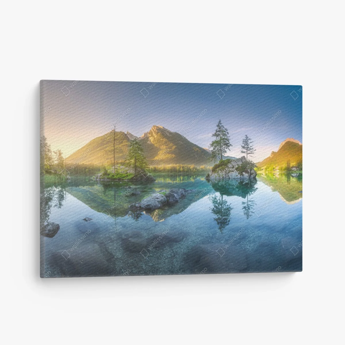 Leinwandbild alpensee bei sonnenaufgang mit spiegelnder reflexion – Wallnifity® Leinwandbild alpensee bei sonnenaufgang mit spiegelnder reflexion – Wallnifity®