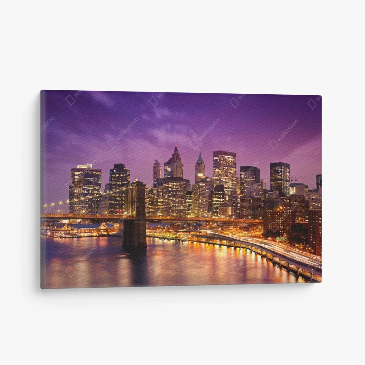 Leinwandbild violette skyline über leuchtender stadt und brücke – Wallnifity® Leinwandbild violette skyline über leuchtender stadt und brücke – Wallnifity®