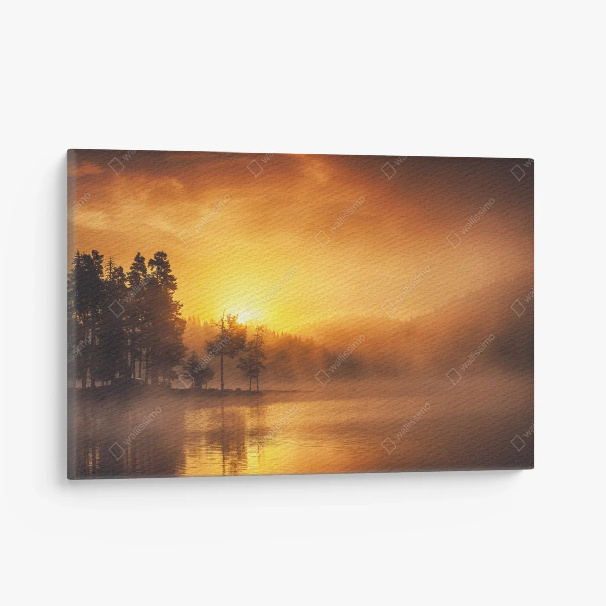 Leinwandbild goldener sonnenaufgang über dem nebligen see – Wallnifity® Leinwandbild goldener sonnenaufgang über dem nebligen see – Wallnifity®