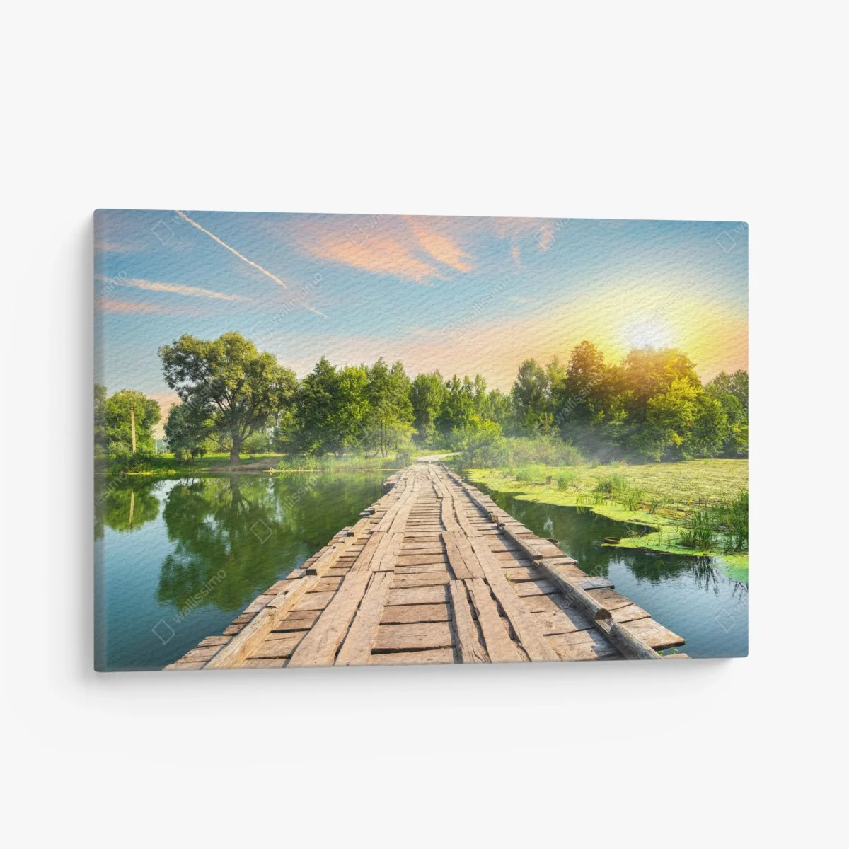 Leinwandbild sonnige hölzerne brücke über ruhigen see – Wallnifity® Leinwandbild sonnige hölzerne brücke über ruhigen see – Wallnifity®