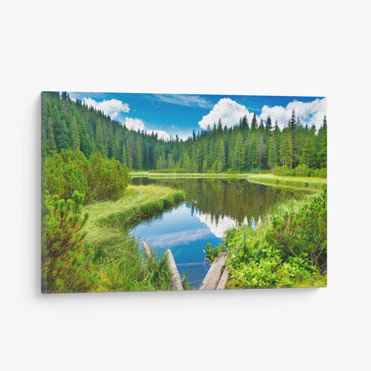 Leinwandbild ruhiger waldsee mit hölzerner brücke – Wallnifity® Leinwandbild ruhiger waldsee mit hölzerner brücke – Wallnifity®