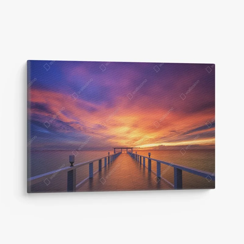 Leinwandbild sonnenuntergang am steg am strand