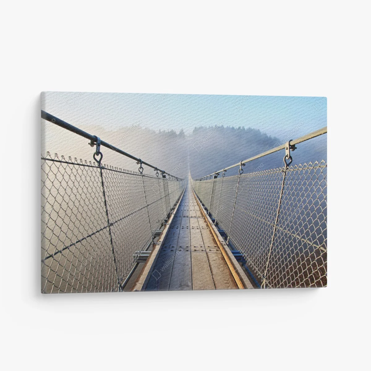 Leinwandbild neblige hängebrücke, die in den wald führt – Wallnifity® Leinwandbild neblige hängebrücke, die in den wald führt – Wallnifity®