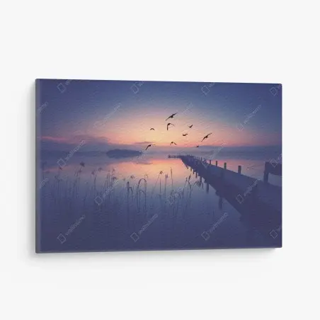 Leinwandbild ruhiger sonnenaufgang am see mit vögeln – Wallnifity®