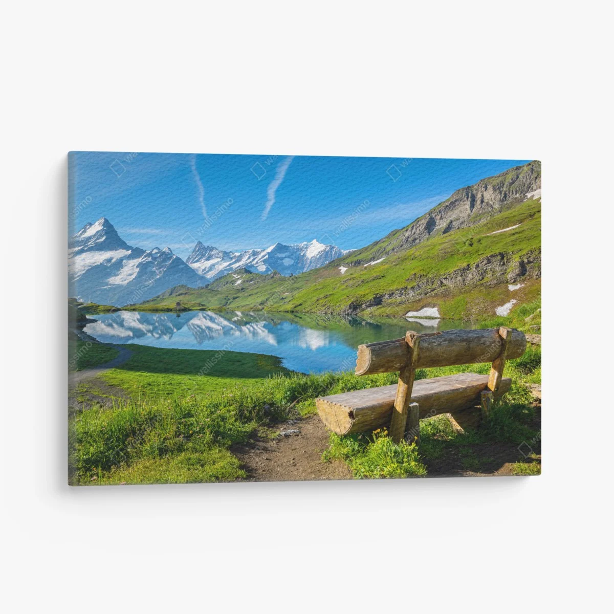 Leinwandbild alpensee mit hölzerner bank – Wallnifity® Leinwandbild alpensee mit hölzerner bank – Wallnifity®