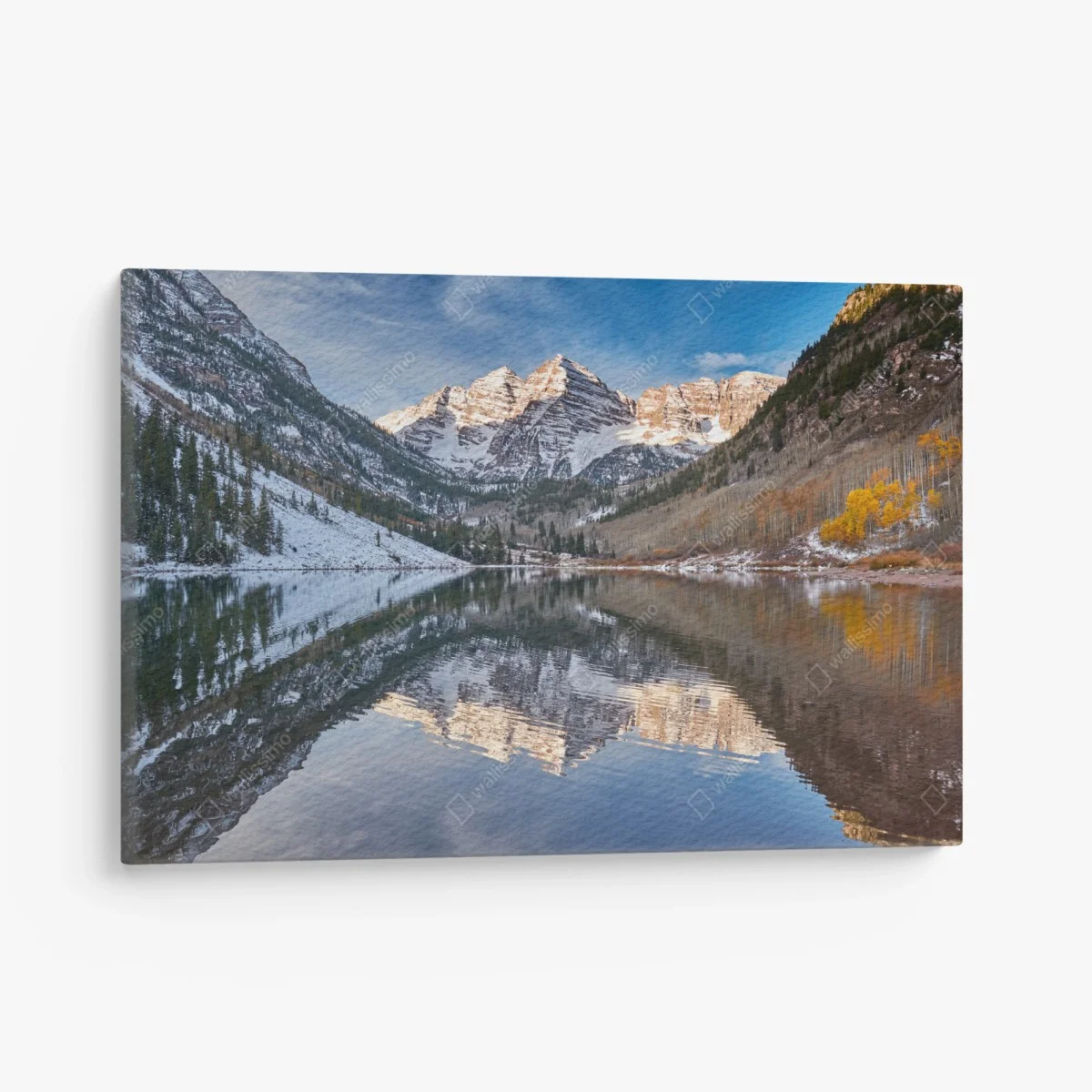 Leinwandbild ruhiger alpensee, der schneebedeckte gipfel und bunte herbstbäume spiegelt – Wallnifity® Leinwandbild ruhiger alpensee, der schneebedeckte gipfel und bunte herbstbäume spiegelt – Wallnifity®