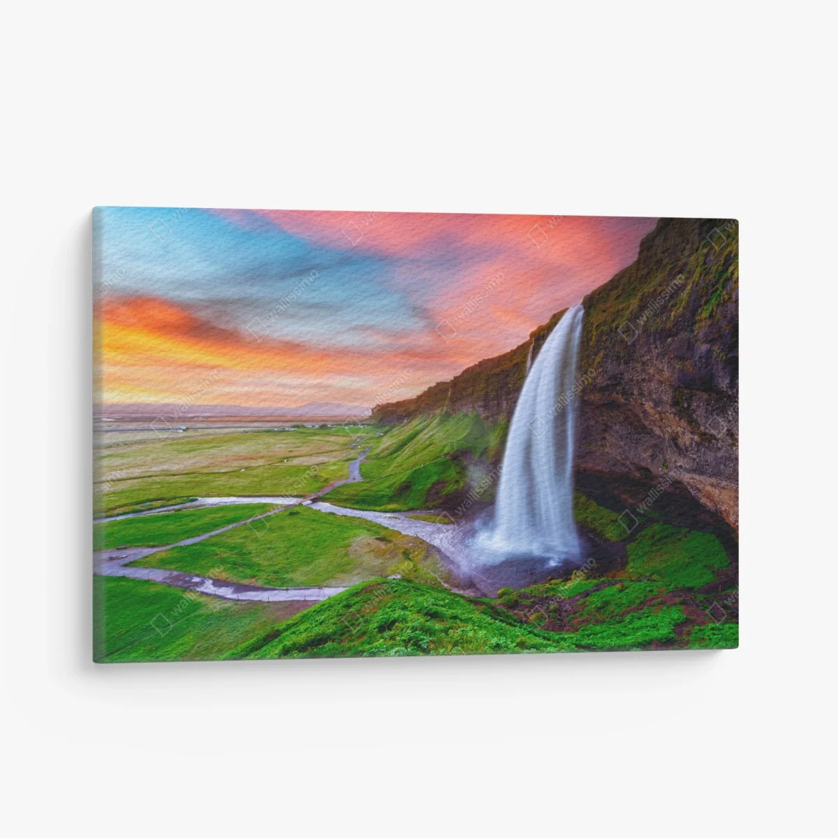 Leinwandbild wasserfall Seljalandsfoss bei sonnenuntergang – Wallnifity® Leinwandbild wasserfall Seljalandsfoss bei sonnenuntergang – Wallnifity®
