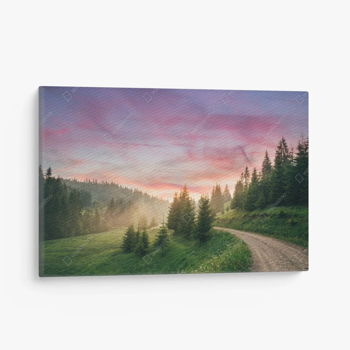 Leinwandbild nebliger sonnenuntergang im kiefernwald – Wallnifity® Leinwandbild nebliger sonnenuntergang im kiefernwald – Wallnifity®