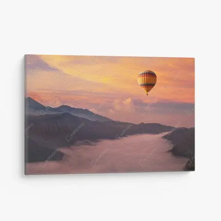 Leinwandbild heißluftballon über nebligen bergen bei sonnenaufgang – Wallnifity®