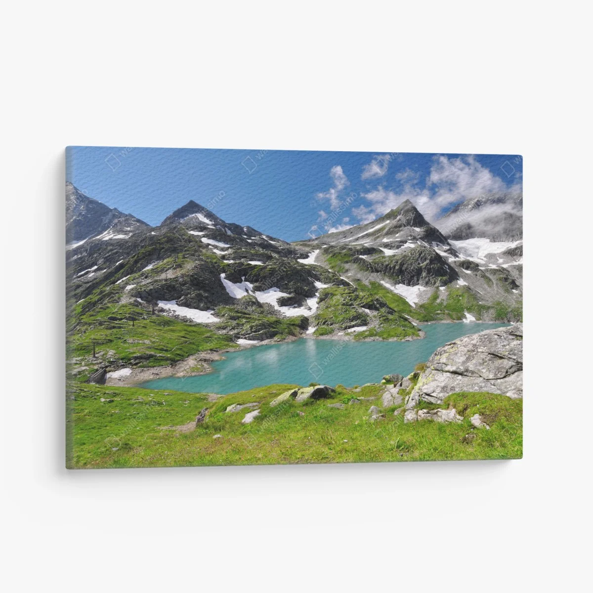 Leinwandbild bergsee mit türkiswasser und gebirgspanorama – Wallnifity® Leinwandbild bergsee mit türkiswasser und gebirgspanorama – Wallnifity®