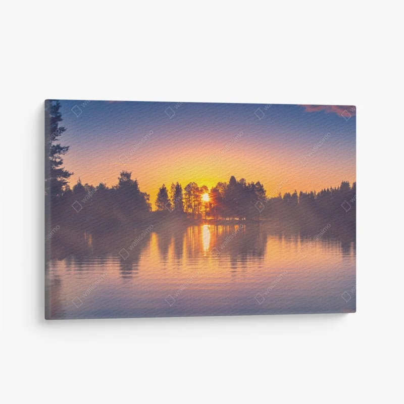 Leinwandbild nebliger sonnuntergang am see