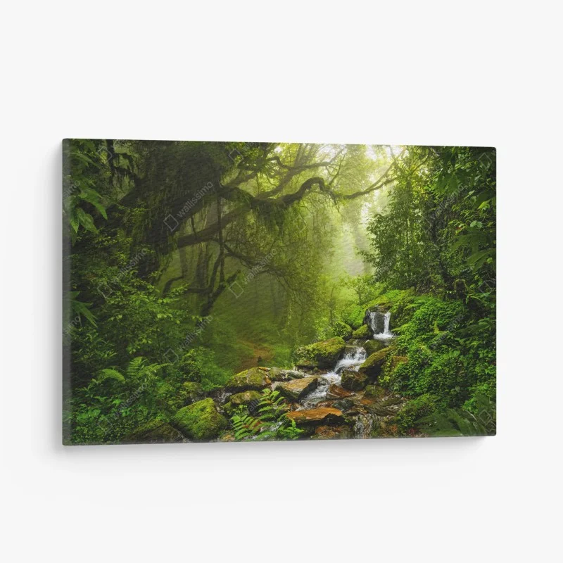 Leinwandbild üppiger nebliger waldwasserfall