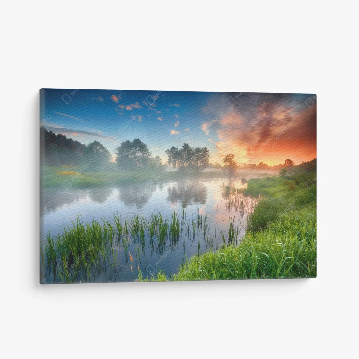 Leinwandbild nebliger fluss bei sonnenaufgang über grünen ufern – Wallnifity® Leinwandbild nebliger fluss bei sonnenaufgang über grünen ufern – Wallnifity®