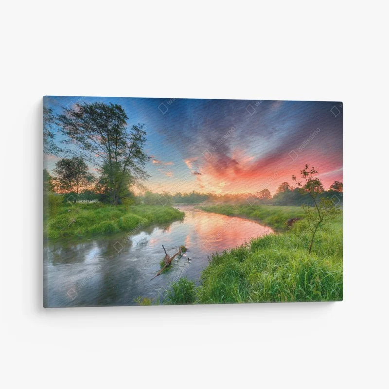 Leinwandbild sonnenaufgang über einem nebligen flussufer