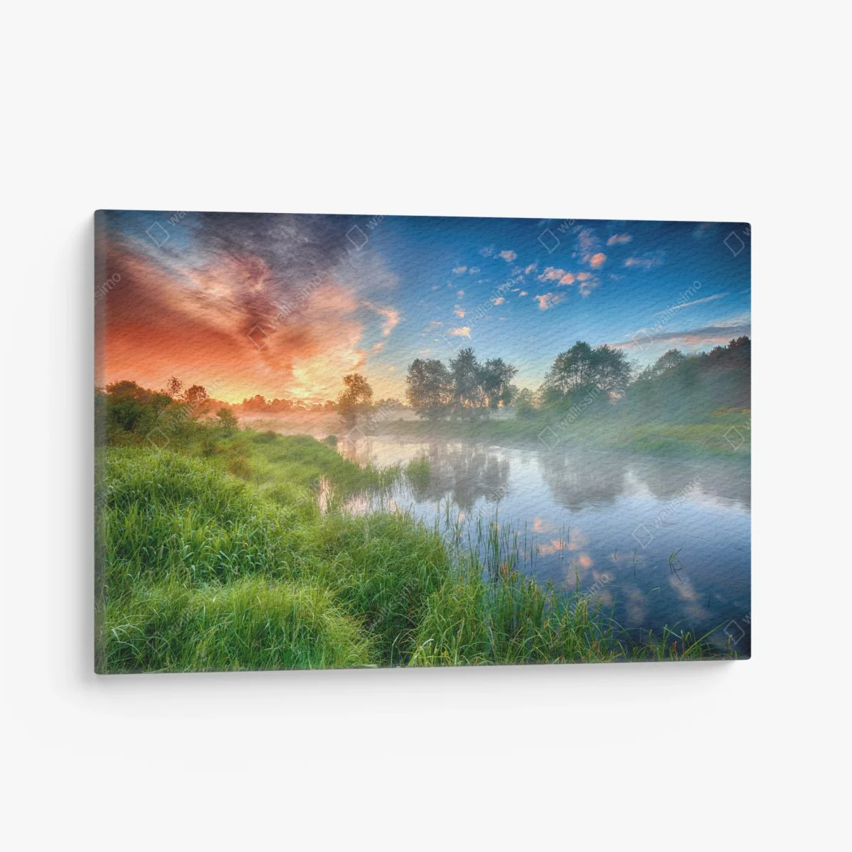 Leinwandbild nebel bei sonnenaufgang am flussufer – Wallnifity® Leinwandbild nebel bei sonnenaufgang am flussufer – Wallnifity®