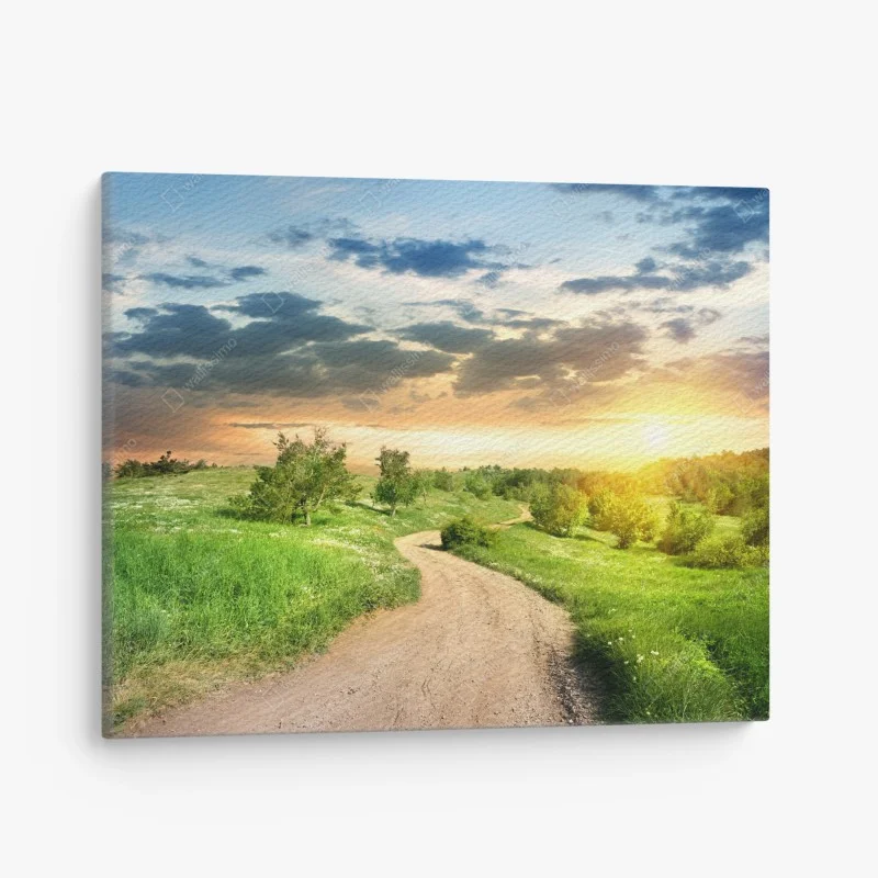 Leinwandbild sonnenuntergang über einem feldweg durch grüne wiese – Wallnifity®
