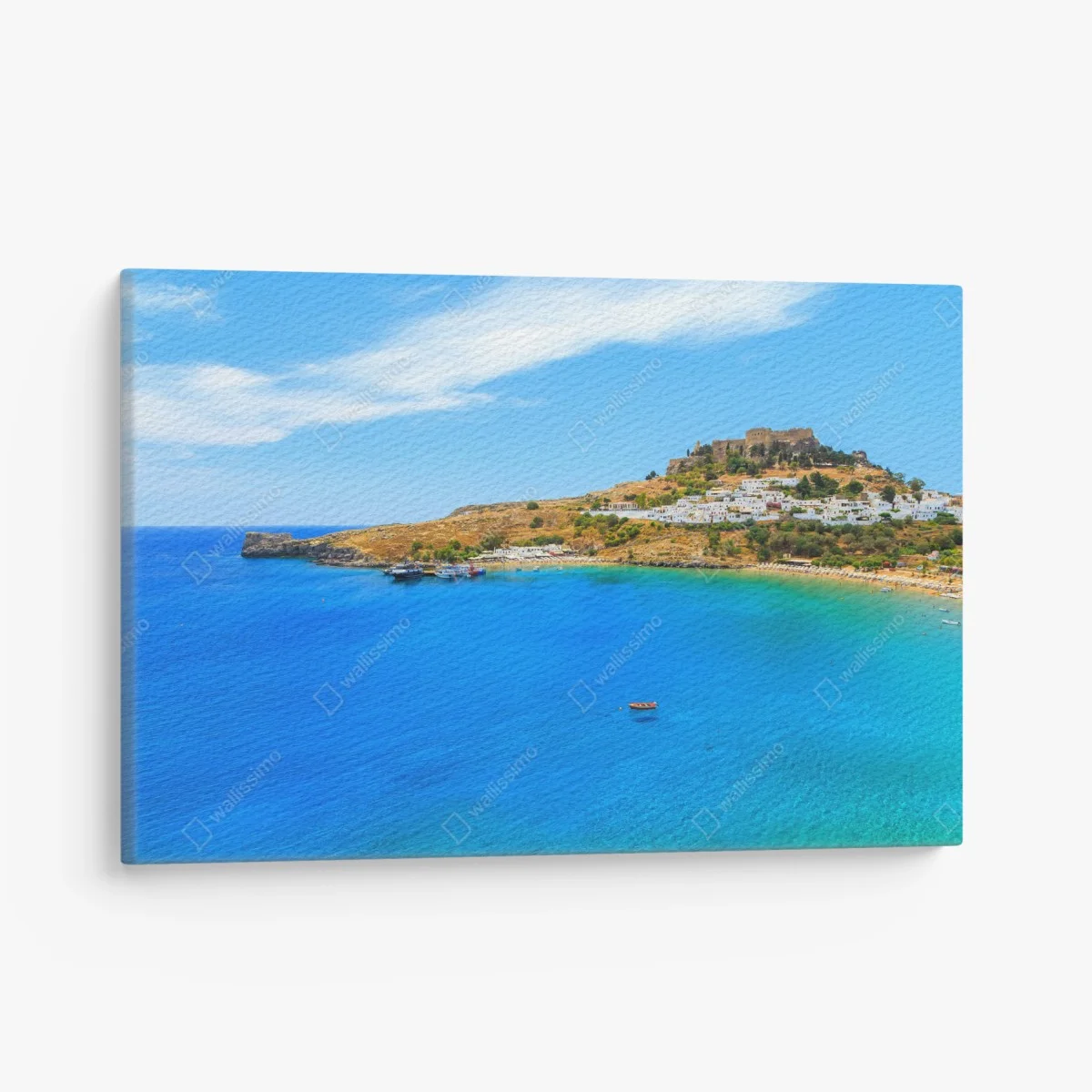 Leinwandbild sonnige bucht mit hügeligem küstendorf – Wallnifity® Leinwandbild sonnige bucht mit hügeligem küstendorf – Wallnifity®
