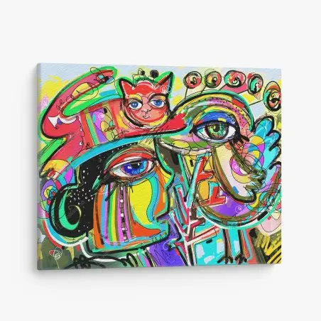Leinwandbild lebendige abstrakte gesichter mit katze und vogel – Wallnifity®
