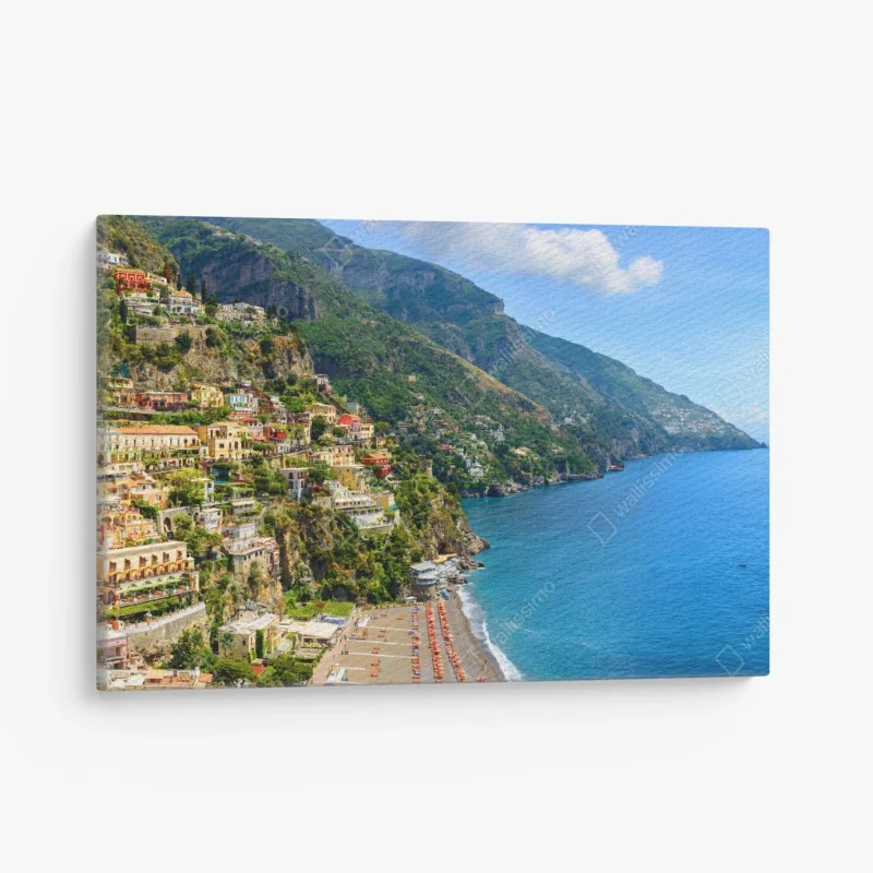 Leinwandbild bunte panoramaaufnahme eines küstenortes am hang