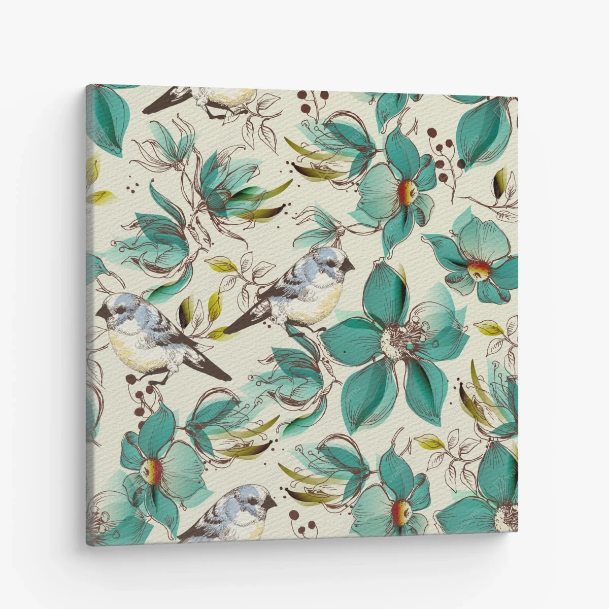 Leinwandbild retro türkis blumen- und vogelmuster – Wallnifity® Leinwandbild retro türkis blumen- und vogelmuster – Wallnifity®