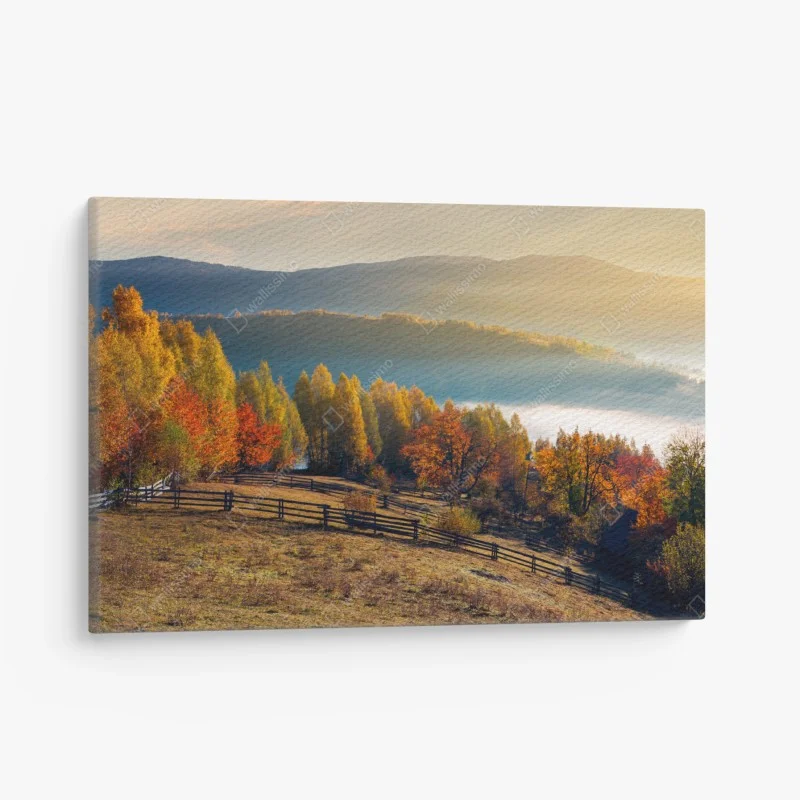 Leinwandbild nebliger herbstlicher sonnenaufgang auf dem land