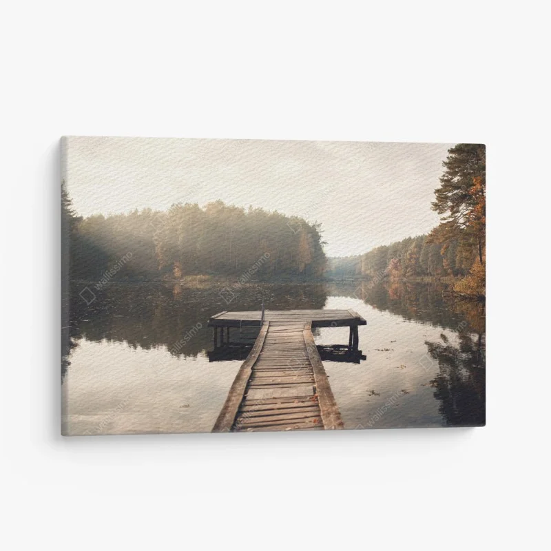Leinwandbild herbstmorgen am see mit hölzernem steg – Wallnifity®