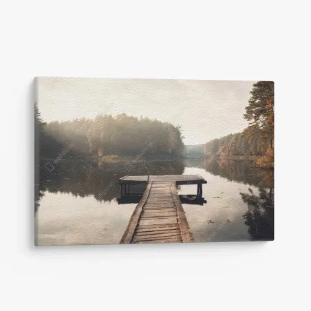 Leinwandbild herbstmorgen am see mit hölzernem steg – Wallnifity®