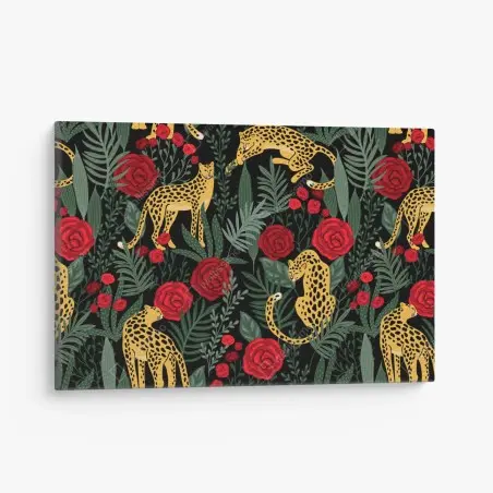 Leinwandbild goldene geparden und rote rosen muster – Wallnifity®
