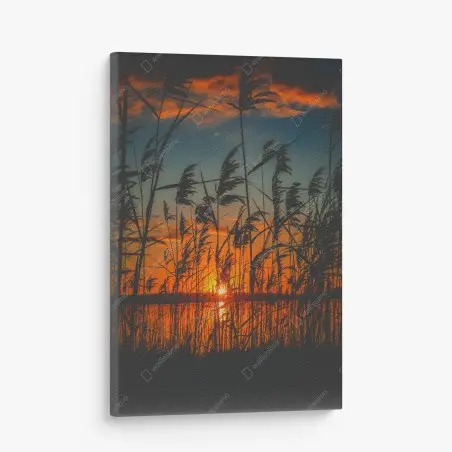 Leinwandbild sonnenuntergang am see mit schilf-silhouette – Wallnifity®