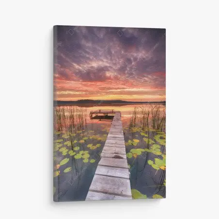 Leinwandbild sonnenaufgang über ruhigem see mit steg – Wallnifity®