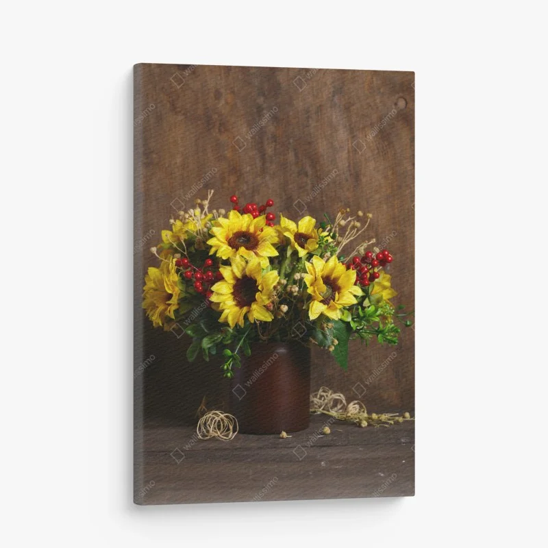Leinwandbild herbstlicher sonnenblumenstrauß vor holzhintergrund – Wallnifity® Leinwandbild herbstlicher sonnenblumenstrauß vor holzhintergrund – Wallnifity®