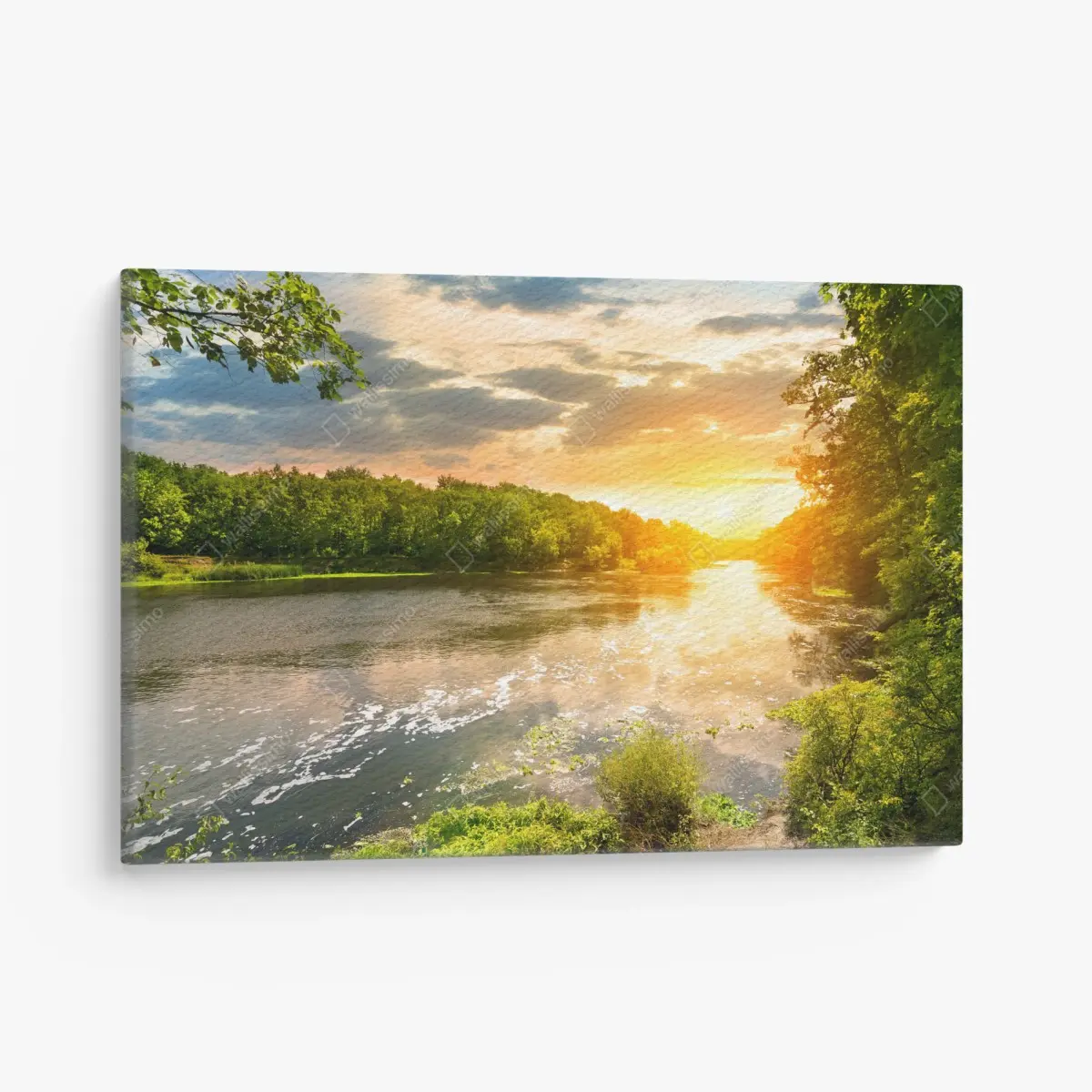 Leinwandbild ruhiger sonnenuntergang am fluss im grünen wald – Wallnifity®