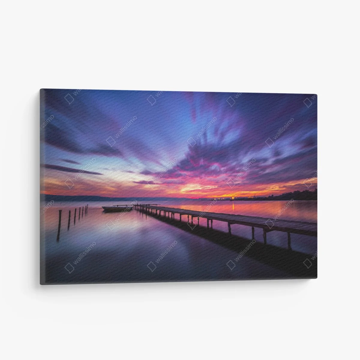 Leinwandbild sonnenuntergang über ruhigem see mit hölzernem steg – Wallnifity® Leinwandbild sonnenuntergang über ruhigem see mit hölzernem steg – Wallnifity®