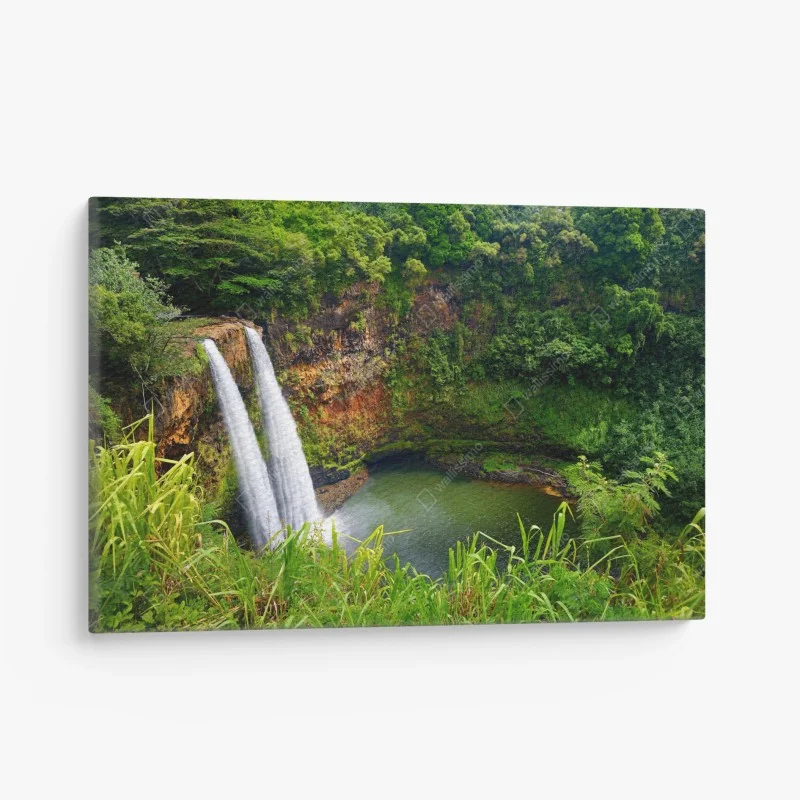 Leinwandbild doppelter wasserfall im üppig grünen wald