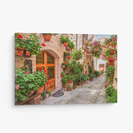Leinwandbild sonnige gasse in Italien mit blühenden töpfen – Wallnifity®