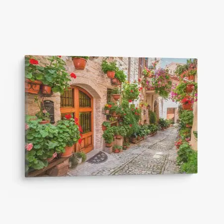 Leinwandbild sonnige gasse in Italien mit blühenden töpfen – Wallnifity®