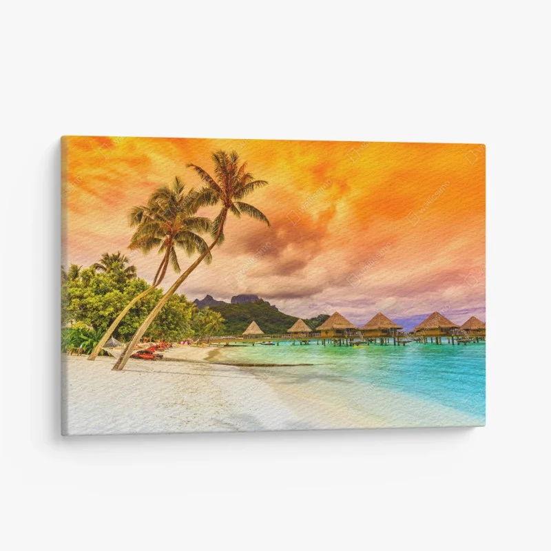 Leinwandbild sonnenuntergang in Bora Bora über wasserbungalows