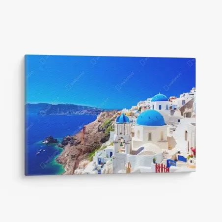 Leinwandbild Santorini blaue kuppeln über dem Ägäischen Meer – Wallnifity®