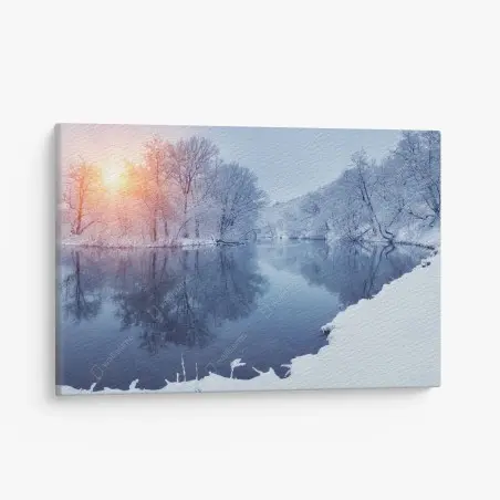 Leinwandbild winterliche flusslandschaft bei sonnenuntergang – Wallnifity®