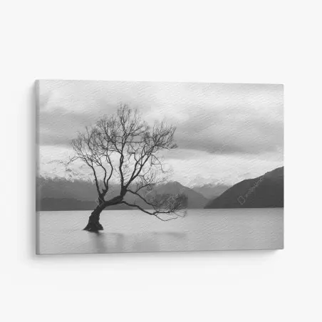 Leinwandbild einsamer baum im see in schwarzweiß – Wallnifity®