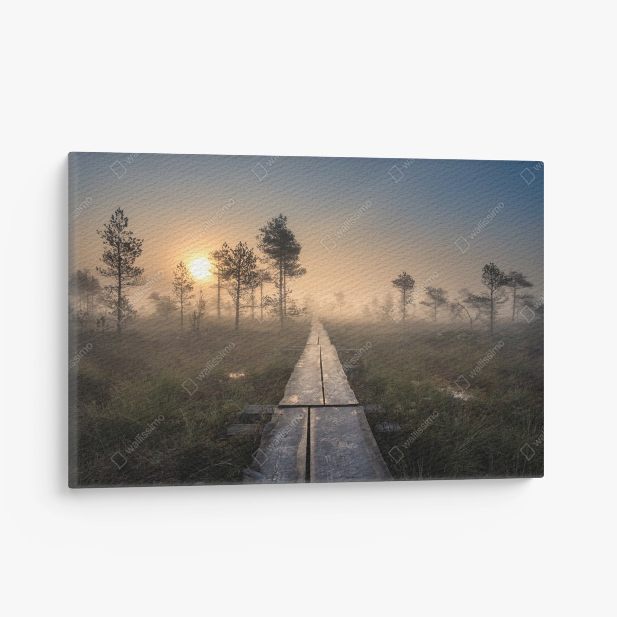Leinwandbild nebliger sonnenaufgang über dem holzsteg – Wallnifity®