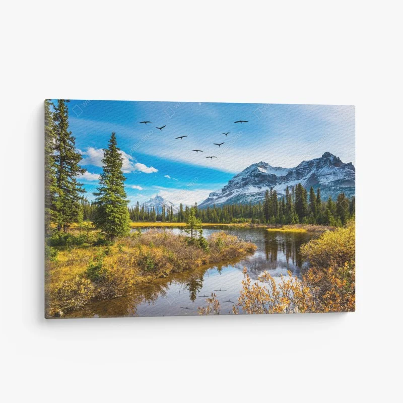 Leinwandbild herbstlicher bergsee mit vögeln