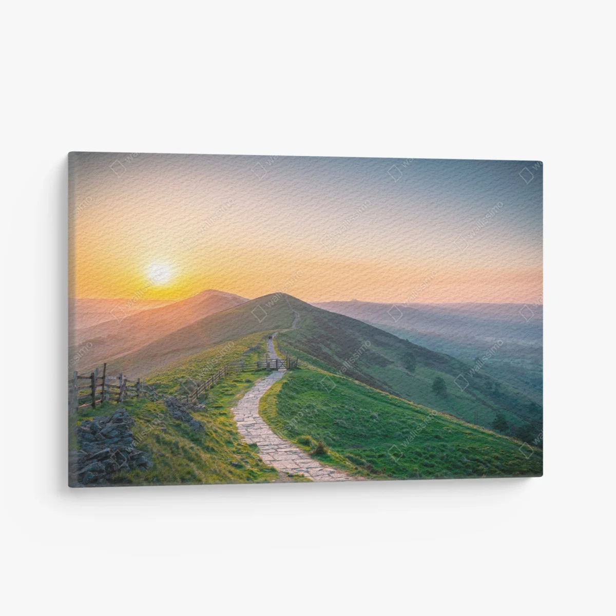 Leinwandbild sonnenaufgang über grünen hügeln mit steinweg – Wallnifity® Leinwandbild sonnenaufgang über grünen hügeln mit steinweg – Wallnifity®