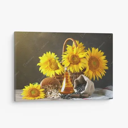 Leinwandbild leuchtendes stillleben mit sonnenblumen, kernen und öl – Wallnifity®