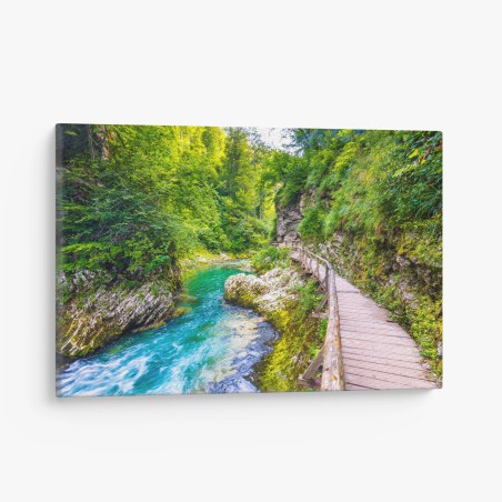 Leinwandbild türkisfarbener fluss und holzsteg im wald – Wallnifity®