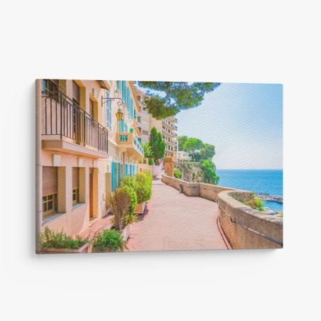 Leinwandbild mediterrane promenade mit pastellfarbenen häusern – Wallnifity®