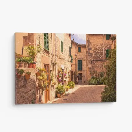 Leinwandbild sonnige mediterrane gasse mit blumentöpfen – Wallnifity®