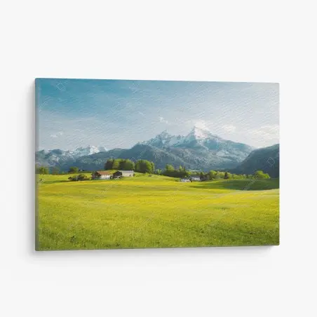 Leinwandbild alpwiese unter schneebedeckten gipfeln – Wallnifity®