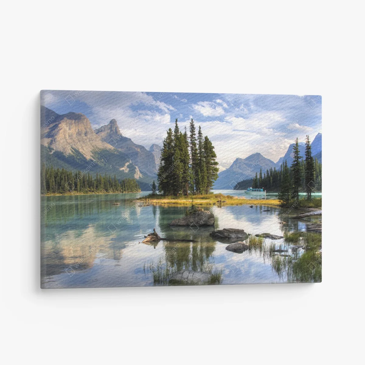 Leinwandbild ruhiger alpensee mit insel und bergen – Wallnifity® Leinwandbild ruhiger alpensee mit insel und bergen – Wallnifity®